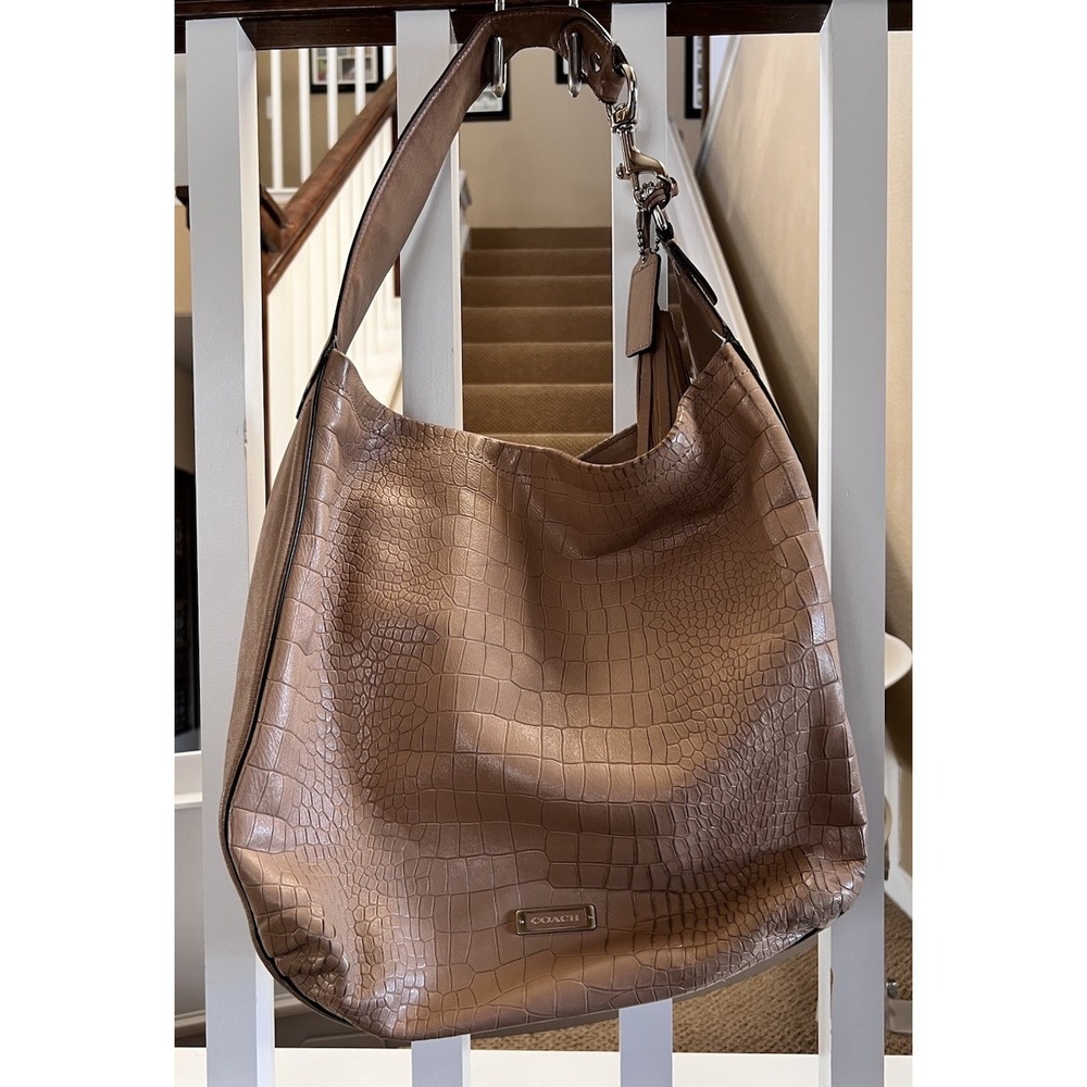 Coach Avery Crocodile Embossed Leather Shoulder Hobo Bag Saddle Brown